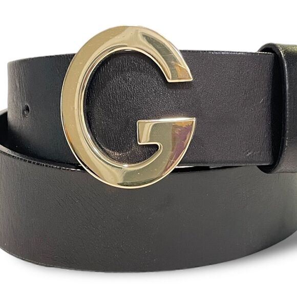GUCCI Womens Champagne Gold G Buckle Black Leather Belt |Size: 32”| main image 4